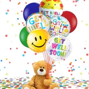 Get Well Soon Balloon Bouquet with Teddy Bear